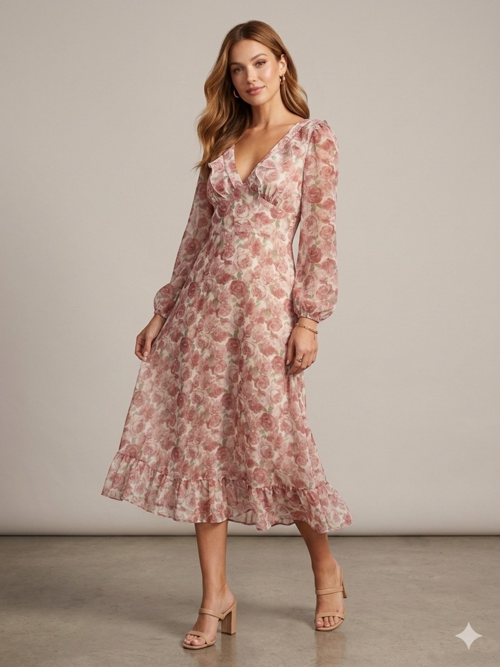 Mi Ami Kazzy Floral Midi Dress Size S, Pink Rose Print, Long Sleeve Ruffle V-Nec